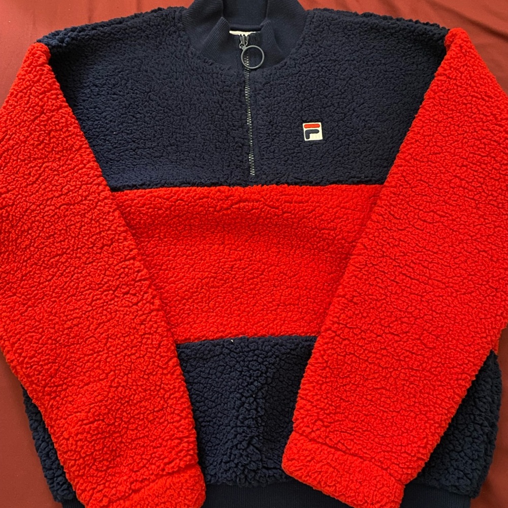 vintage fila collar fleece sweatshirt/ sweater color block red navy blue black